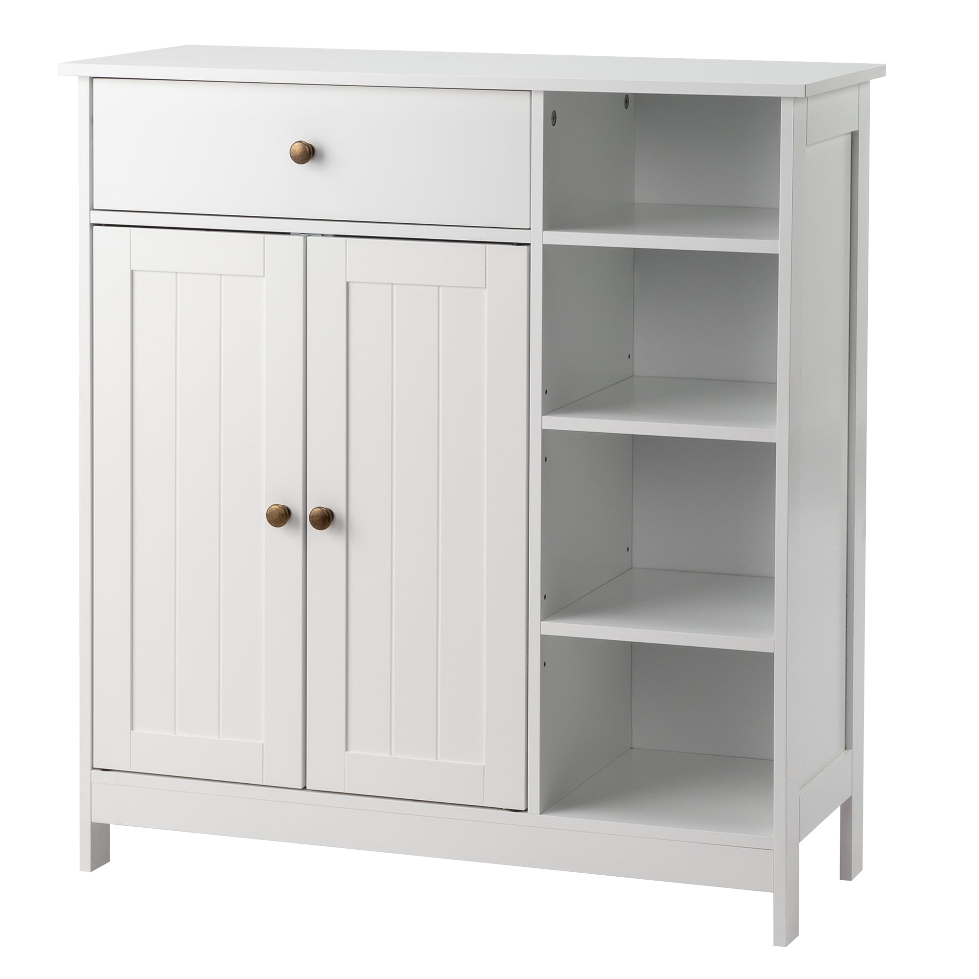 Zimtown Wooden 2-Door  Bathroom Cabinet Storage Organizer with 2 Shelves& 1 Drawer & Three-layer Side Rack, White