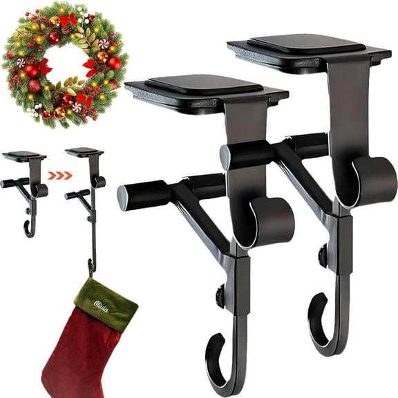 Garland Holder, Heavy Duty 2-in-1 Fireplace Stocking and Garland Hanger, Metal Christmas Stocking Holder, No Drill, Fits 0.5" to 8.5" Mantles, Holds Up to 20 Lbs (2pcs)