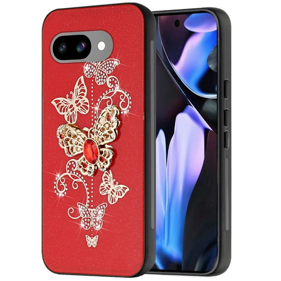 For Google Pixel 9A Case, Diamonds 3D Butterfly Bling Sparkly Glitter Ornaments Engraving Hybrid Metal Fashion Phone Cover (Red Garden Butterflies)