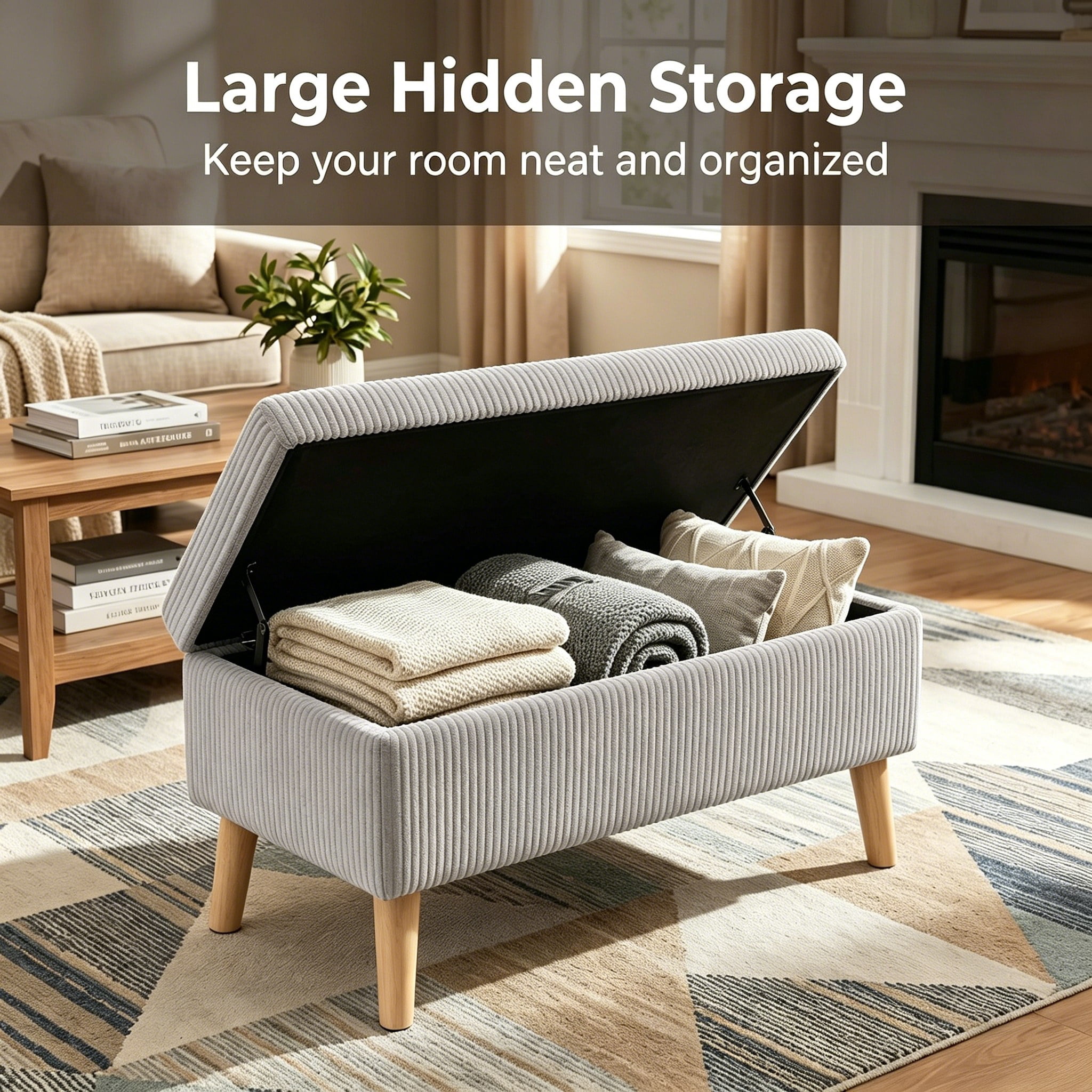 32 inch Wide Olive Beige Corduroy Storage Ottoman Bench with Wooden Legs, Flip-Top Storage Box, Soft Upholstered End of Bed Bench, Footrest & Shoe Bench for Bedroom, Living Room, Entryway