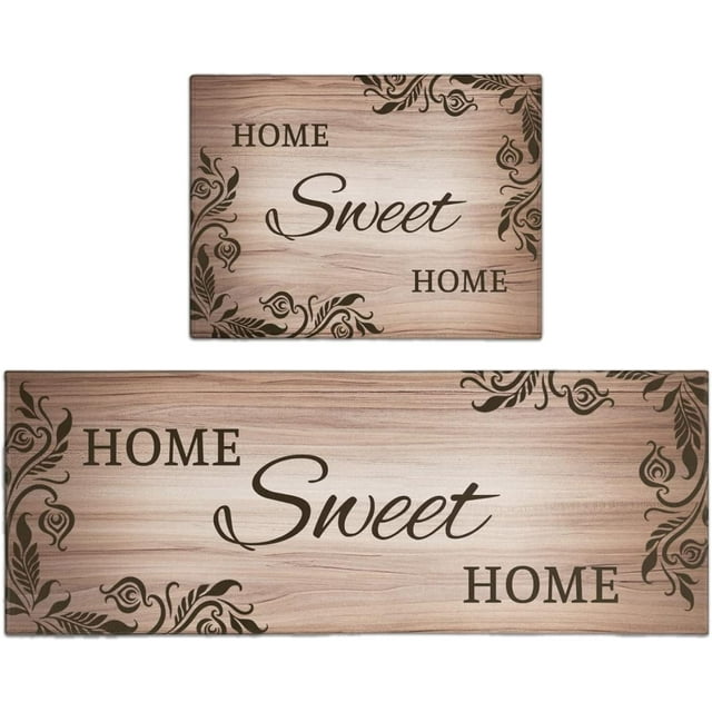 Kitchen Mats Floor Home Sweet Home - Kitchen Mat Set of 2, Brown Kitchen Rug, Farmhouse Kitchen Rugs for Kitchen Sink Area, Kitchen Sink Rugs and Mats, Kitchen Rugs with Words, 17x24 and 17x48 Inch