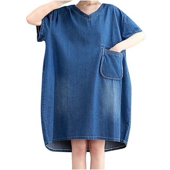 WXLWZYWL Summer Dress Women'S Casual Denim Dress Leisure Retro Loose Strap Dress Blue