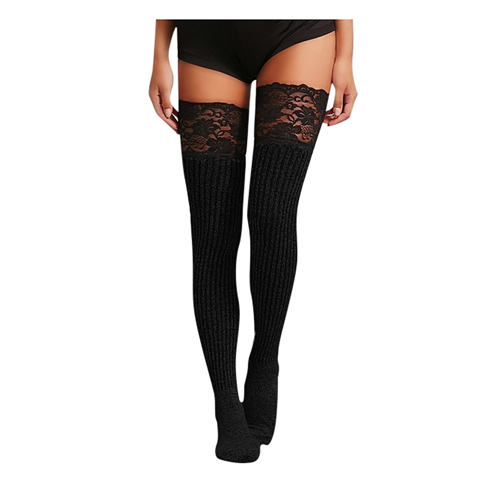 vbnergoie Women Ribbed Knit Lace Patchwork Over Knee Length Sockings