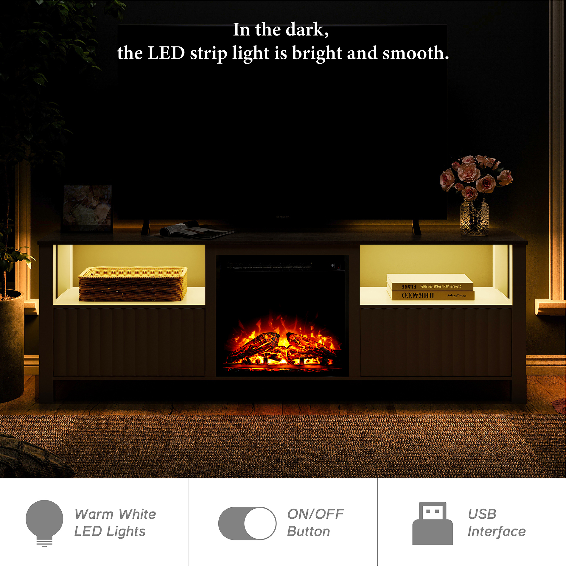 Fireplace TV Stand for 75 inch TV with Yellow LED Light, White TV Console Table with Storage Cabinets, Television Stands for Living Room, Bedroom, Dorm