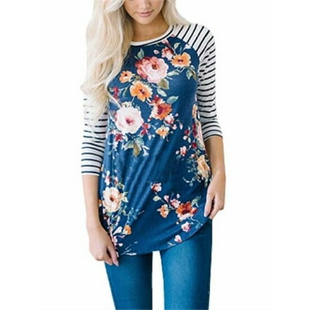 Stripe Tunic Top Shirt - 3/4 Sleeve Striped Women Print Tunic Tops Casual Shirt