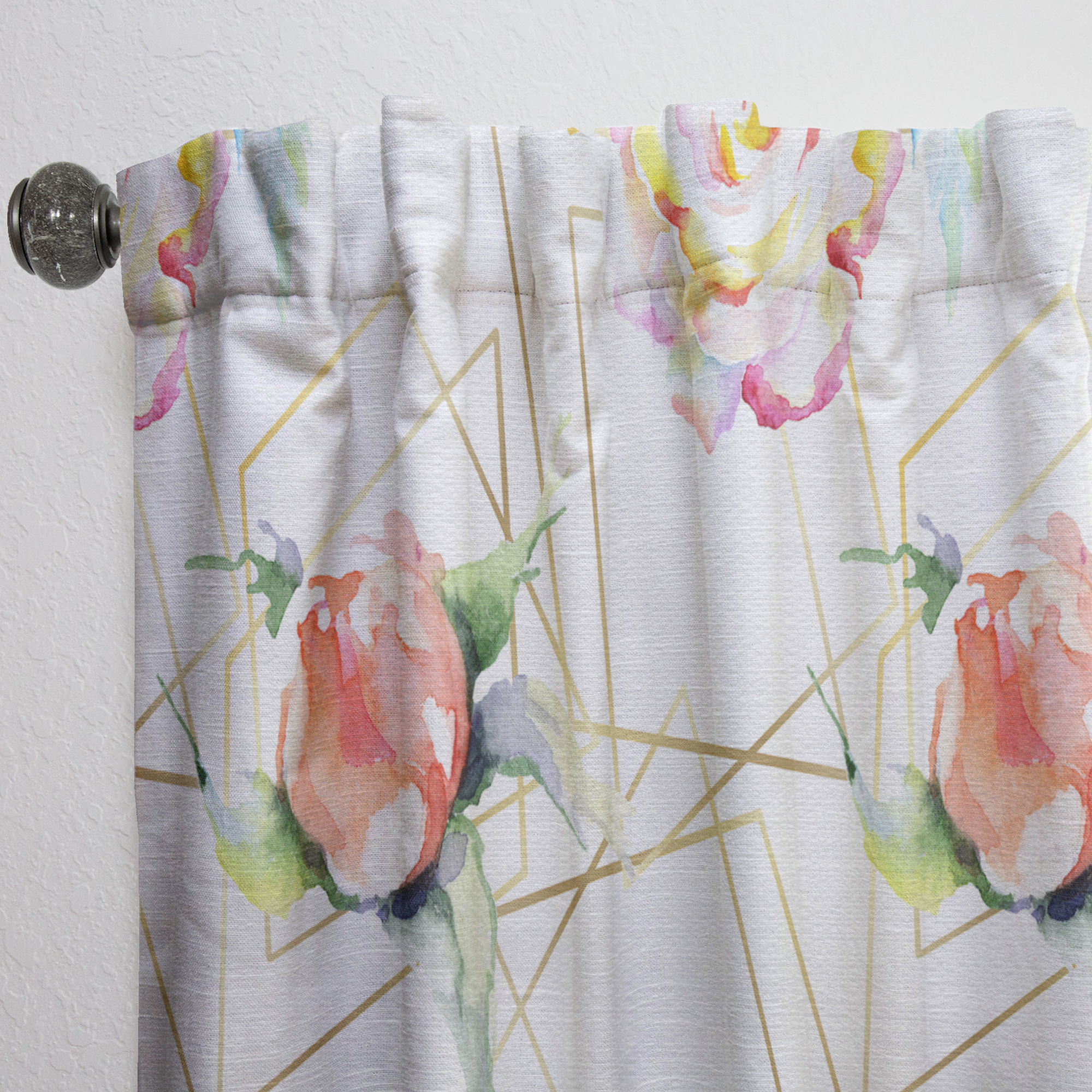 Designart 'Orange Rose Flower Retro Pattern on White' Mid-Century Modern Curtain Panel