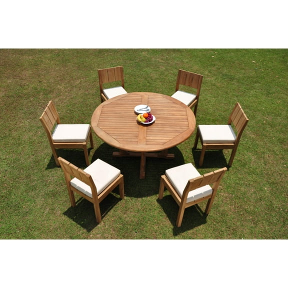 Grade-A Teak Dining Set: 6 Seater 7 Pc: 60" Round Table And 6 Veranda Armless Chairs Outdoor Patio WholesaleTeak #WMVR59