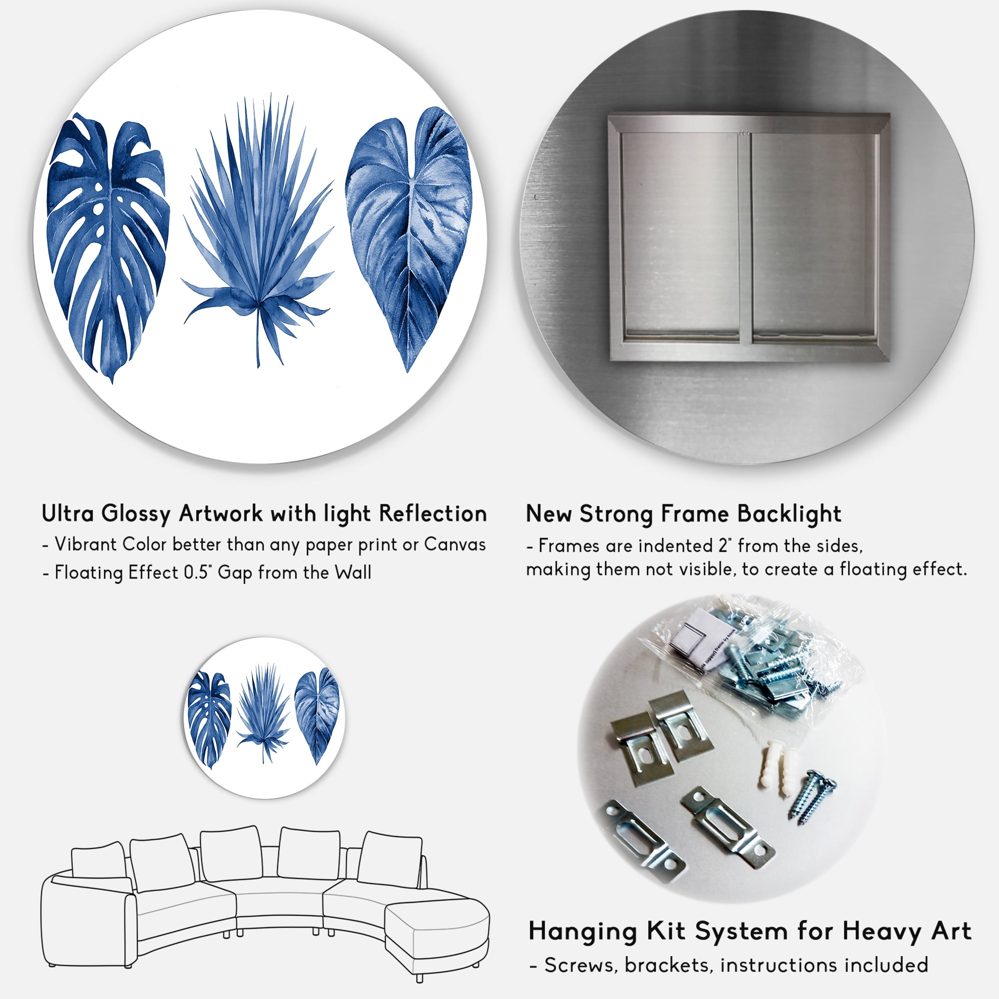 Designart 'Tropical Leaves In Classic Blue ' Tropical Circle Metal Wall Art 11x11 - Disc of 11