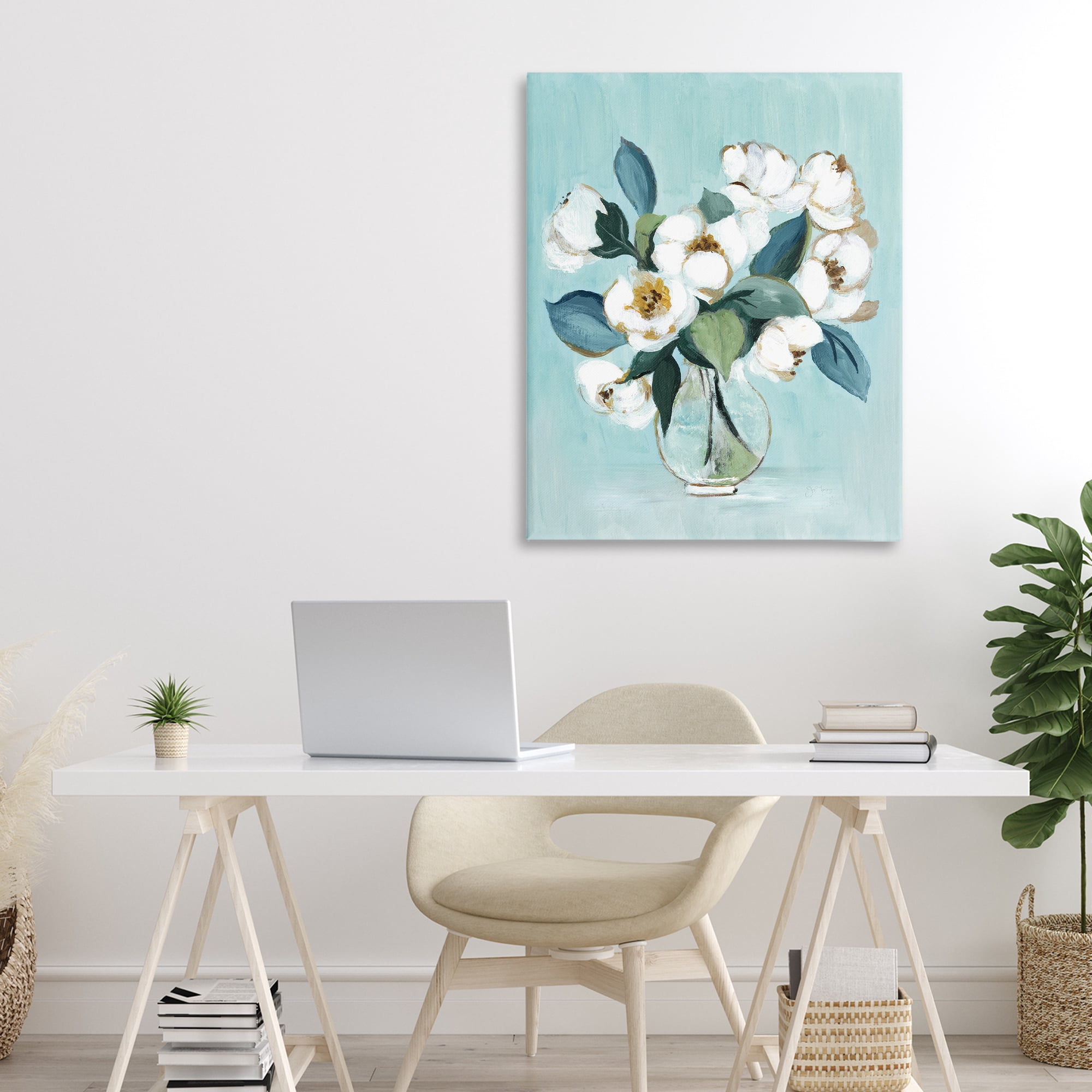 Stupell Industries Magnolia Arrangement over Blue Canvas Wall Art, design by Janet Tava