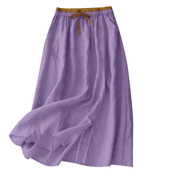 Maxi Skirts for Women Soild Cotton Linen Midi Length Long Skirt Casual Beach Party Holiday High Waist A-Line Skirt with Pockets Dark M