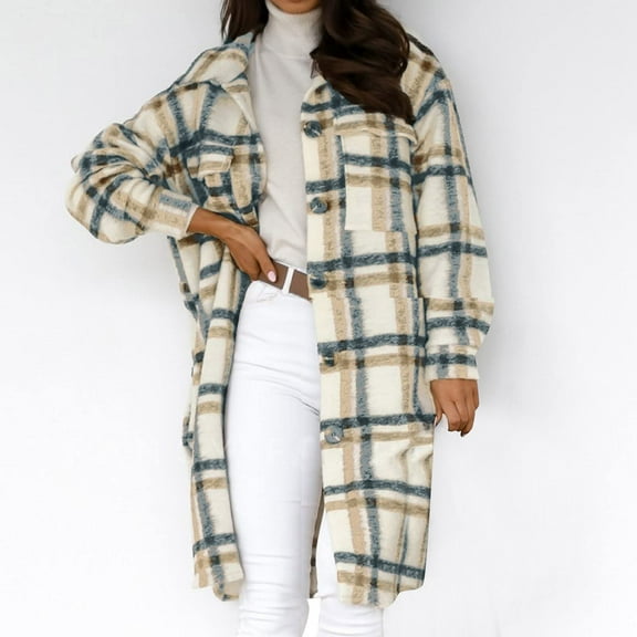 Homenesgenics Jackets for Women Plus Size Womens Plaid Long Wool Coat Shacket Jackets Long Sleeve Casual Boyfriend Flannel Shirts