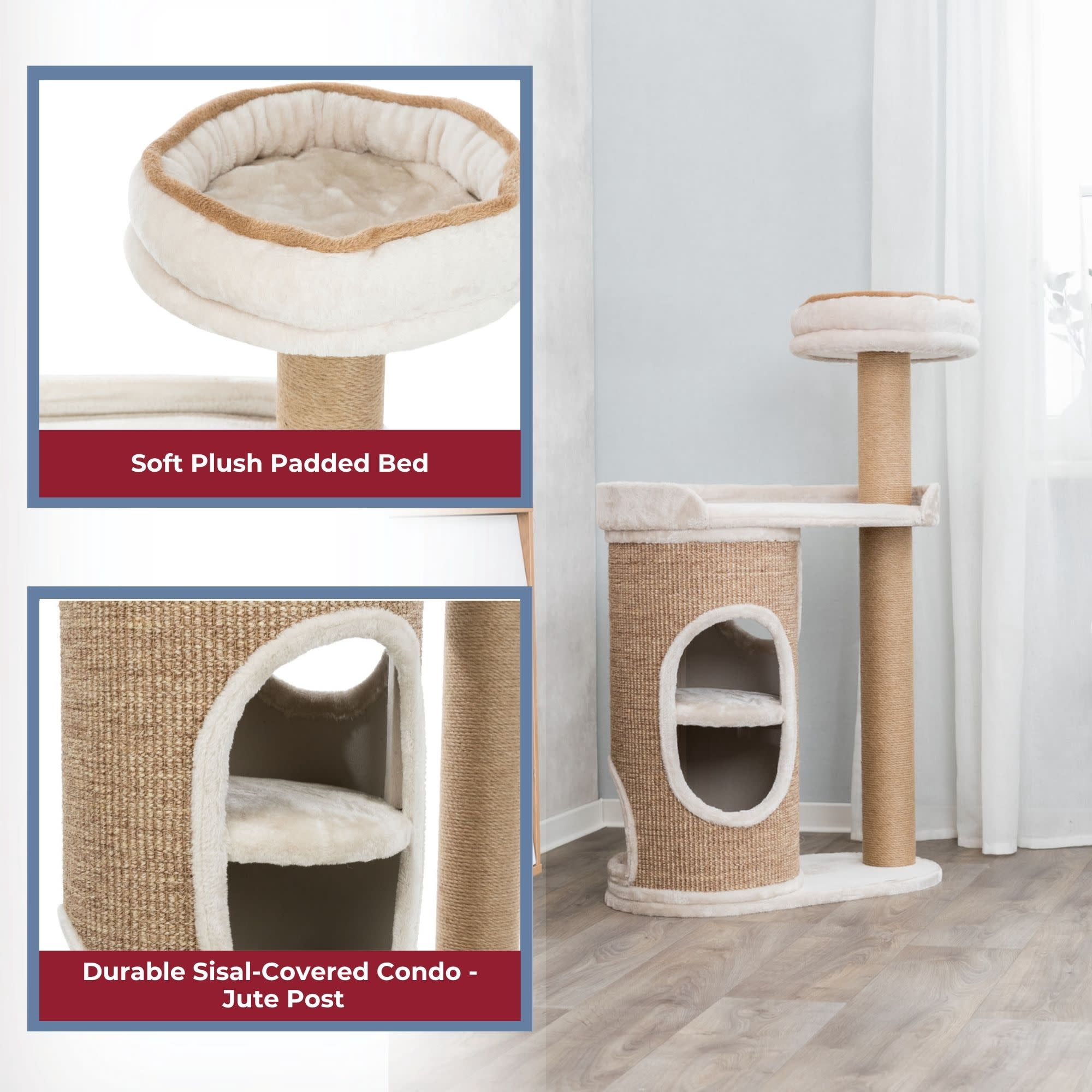 TRIXIE Falco Plush & Sisal 2-Level 46" Cat Tree, Scratching Posts & 2-Story Condo, Brown