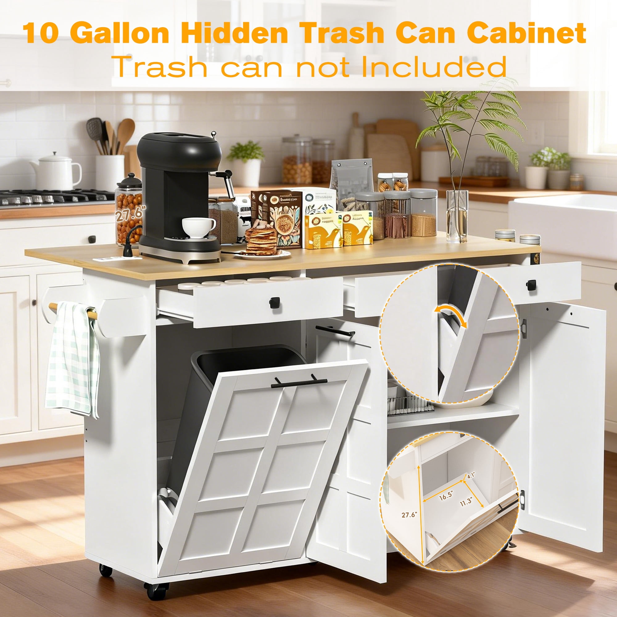 ZIDTIA 60" Kitchen Island with Drop Leaf & Power Outlet, Kitchen Rolling Island with Spice Rack & Towel Rack, Mobile Kitchen Storage Cart with Trash Cabinet, White