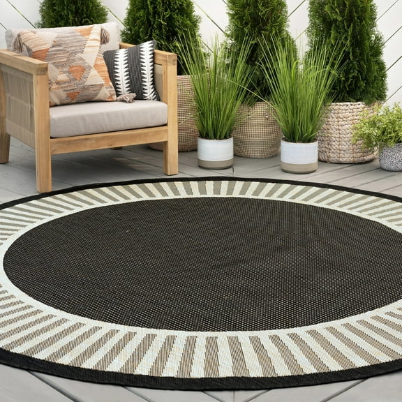 8ft Round Water Resistant, Large Indoor Outdoor Rugs for Patios, Front Door Entry, Entryway, Deck, Porch, Balcony | Outside Area Rug for Patio | Black, Striped Border | Size: 7'10'' Round
