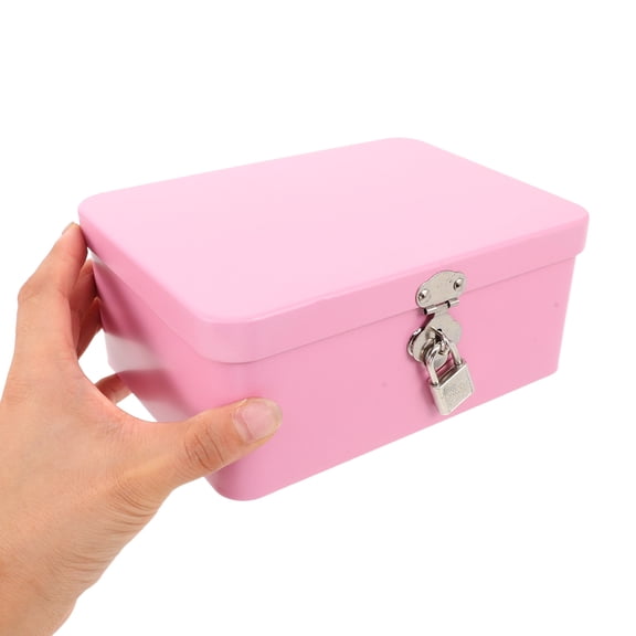 POPETPOP Lockable Pink Tinplate Storage Box Vintage Metal Container with Key for Portable Organization