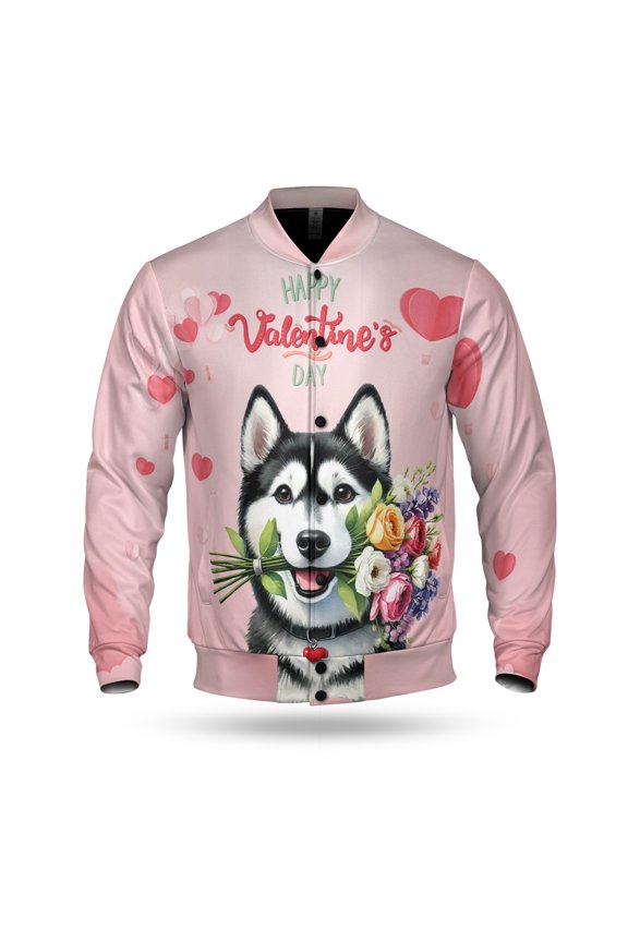 Happy Valentine's Day Siberian Husky holding flowers All Over Print 3D Baseball Jacket Husky Dog Lover Gifts Bomber Jacket Softball - 3005