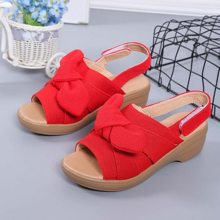 

VKEKIEO Round Toe Platform Sandals Women Flat Heel Platform Red