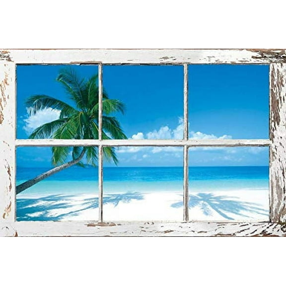 Tropical Window Beach & Palm Trees Laminated Poster Print (36.5 x 24.5)