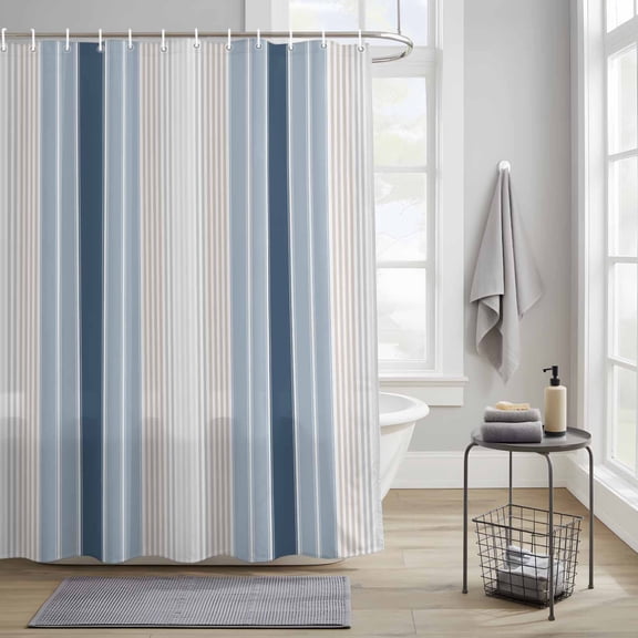 Bathroom Shower Curtain Vintage Ombre Watercolor Line Waterproof Shower Curtains with Hooks, Minimalist Blue Beige Stripes Bath Curtains Bathtub Curtain Home Decor 36x72in