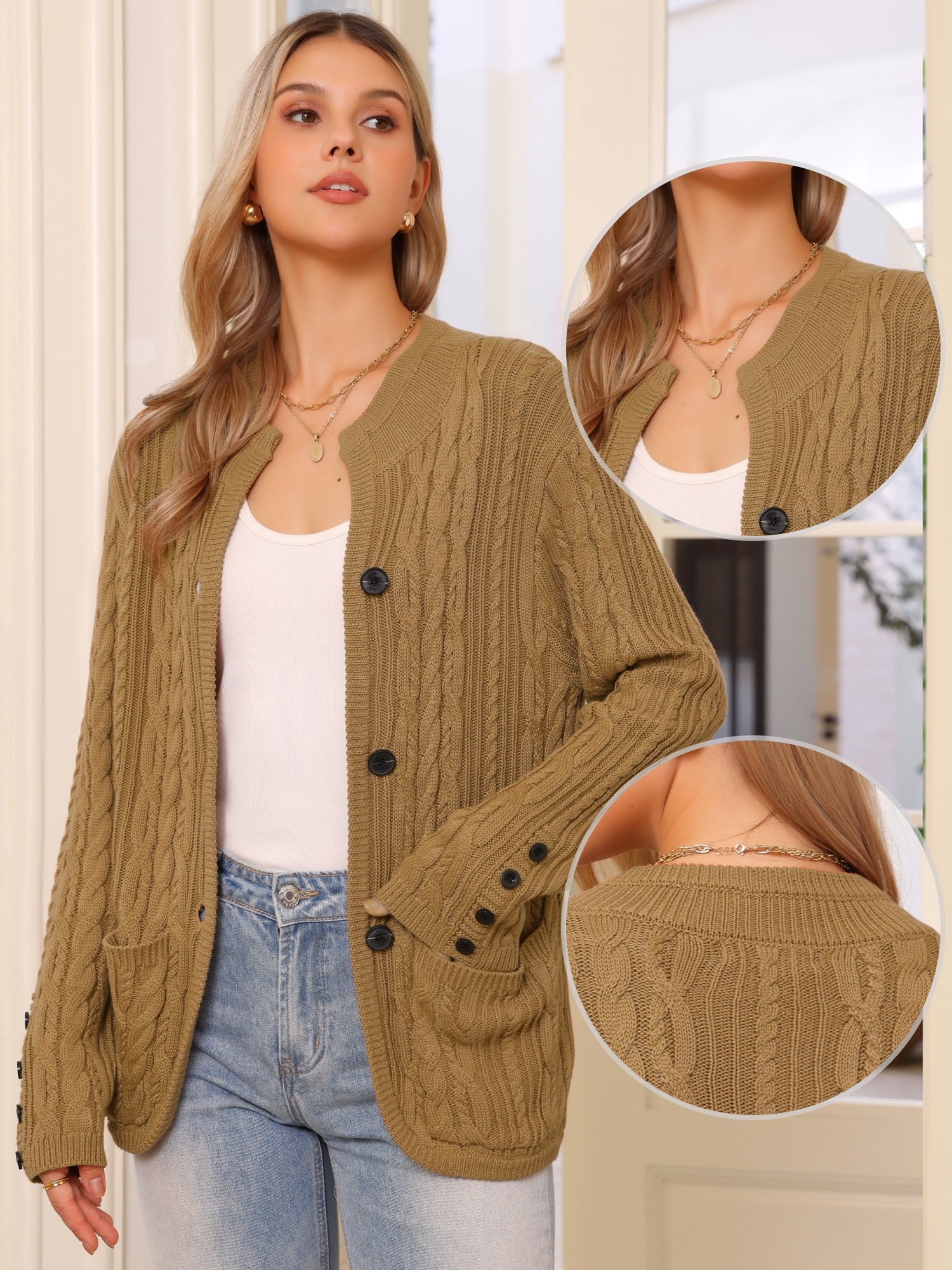DARING DIVA Women's Cable Knit Open Front Button Up Cardigan Sweaters XL Caramel