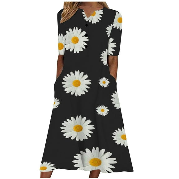 Wycnly Summer Dresses for Women Fashion Loose Plus Size Swing Button Down Tunic Long Dresses with Pocket 2024 Elbow-Length V-Neck Daisy Print Maxi Formal Dress Black XL