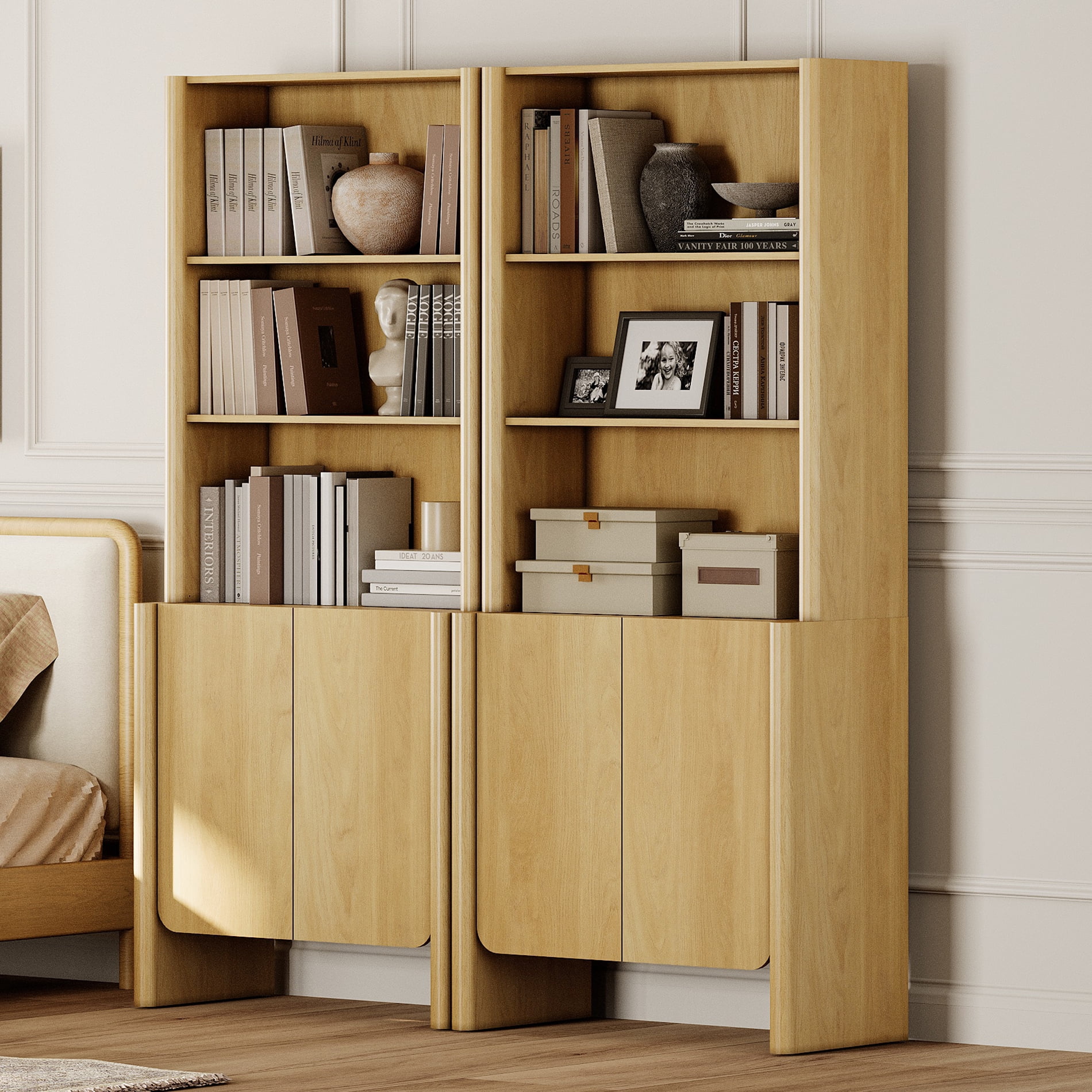 63-Inch Modern French Bookcase with Curved Edges, Doors and Open Shelves, 72.8" Tall, Oak