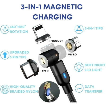 Happyline" Fast Charge 3 in 1 Magnetic Charging Cable, 3FT 3 in 1  Cable 540° Rotation Support Data Sync, Nylon Material Type C Phone Charger with LED Light