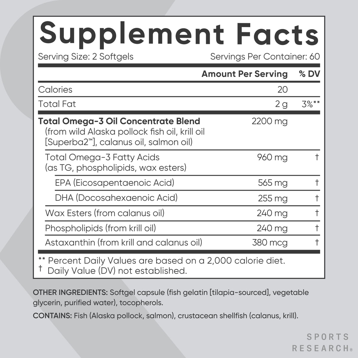 Sports Research® Total Omega-3 2200mg 120 Softgels Wild Salmon Krill Astaxanthin EPA DHA (120 Softgels)
