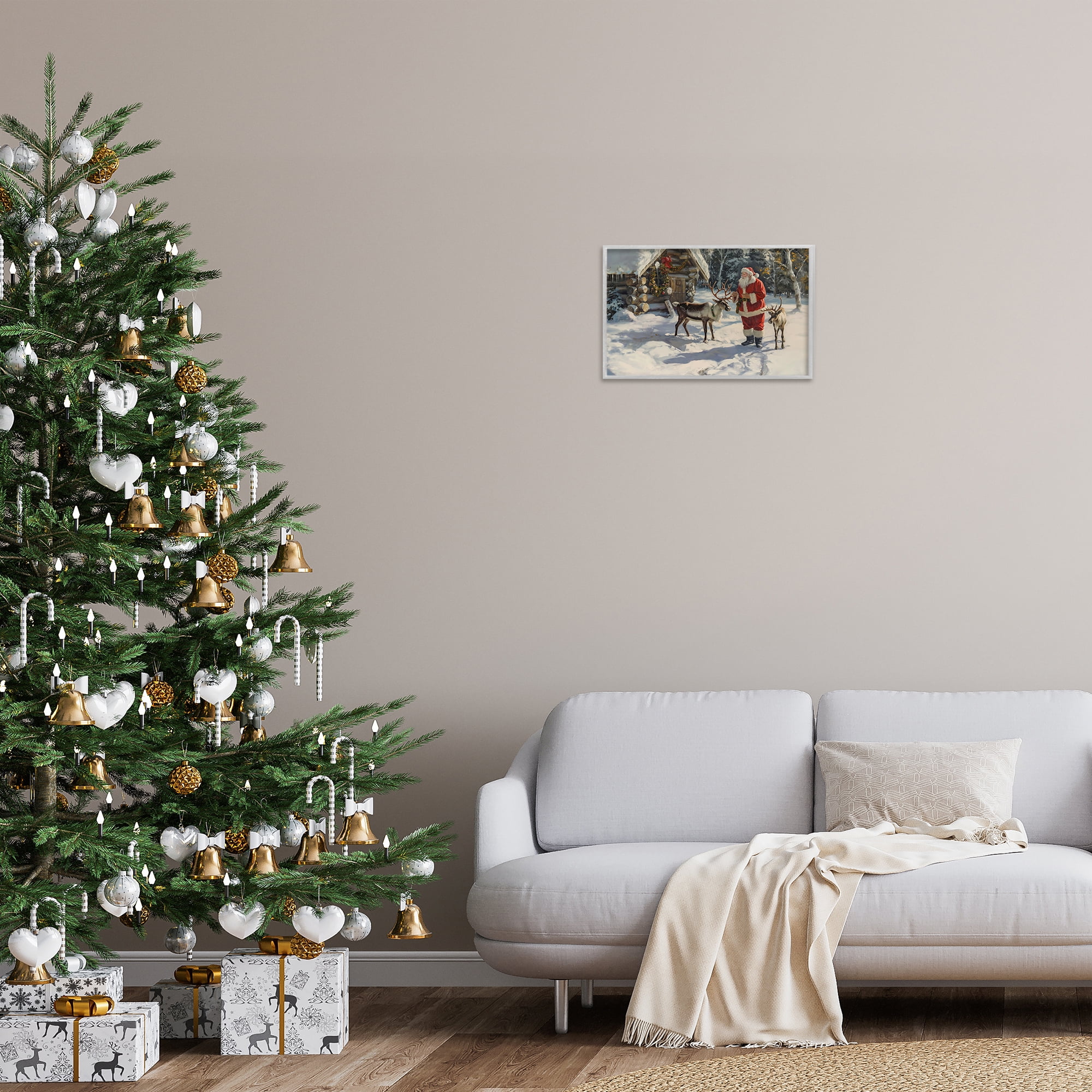Stupell Industries Santa & Reindeer Scene Holiday Painting Gray Framed Art Prints Wall Art, 18 x 12