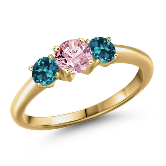 Gem Stone King 18K Yellow Gold Plated Silver Pink Lab Grown Diamond and London Blue Topaz Engagement Ring for Women | 1.16 Cttw | Round 5MM | Gemstone April Birthstone | Size 7