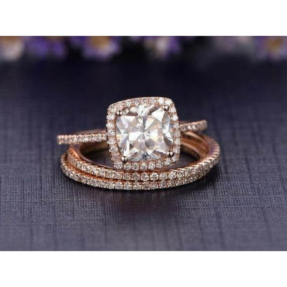 3.05 Carat Moissanite Halo Diamond Trio Ring Set on Sale with 18k Gold Plating