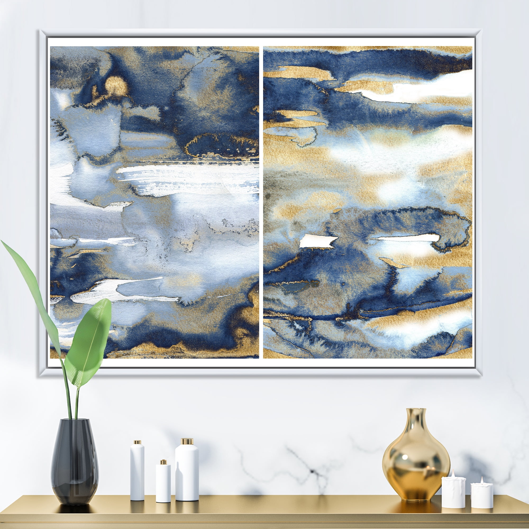 Gold and Dark Blue Abstract II 32 in x 16 in Framed Painting Canvas Art Print, by Designart