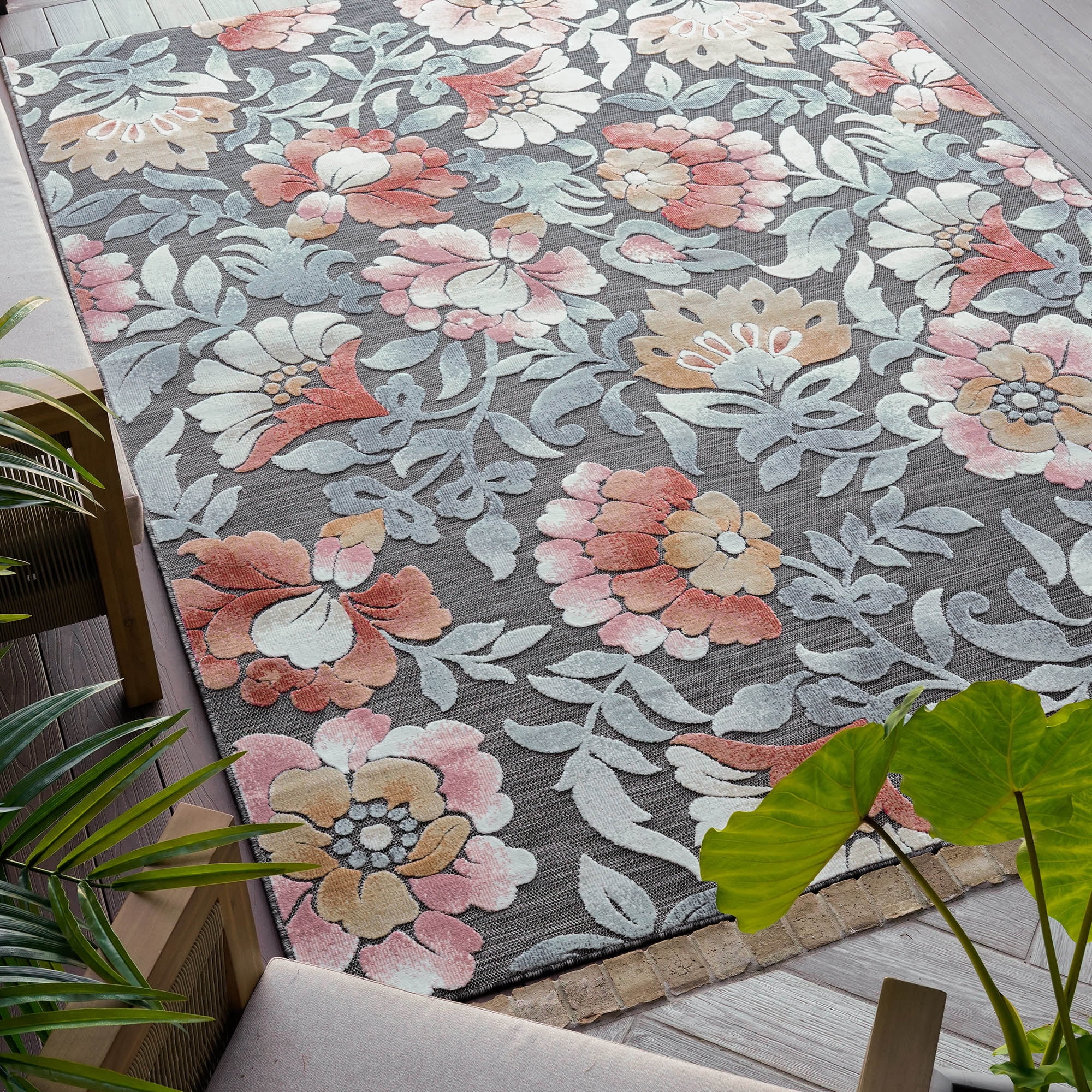 5x7 Water Resistant, Indoor Outdoor Rugs for Patios, Front Door Entry, Entryway, Deck, Porch, Balcony | Outside Area Rug for Patio | Black, Floral | Size: 5'1'' x 7'3''
