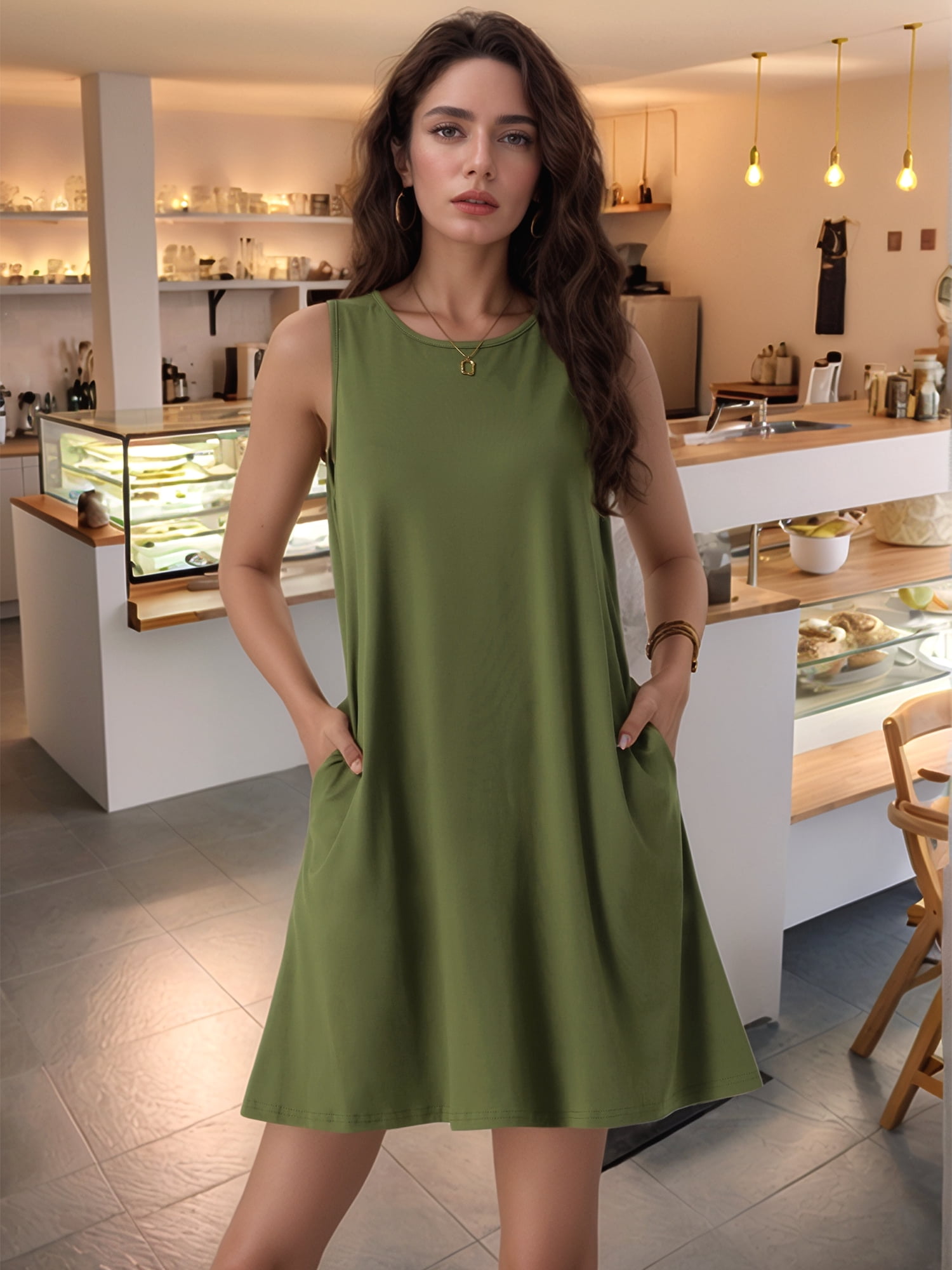 DARING DIVA Tie Dye Tank Dress Sleeveless Pockets Dress M Army Green