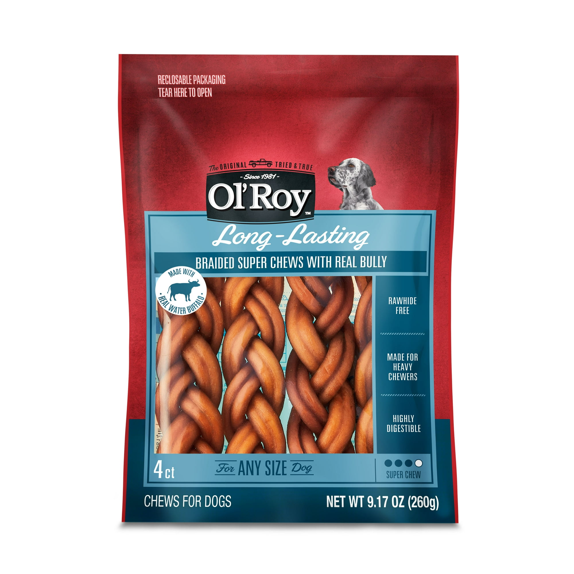 Ol' Roy Rawhide Free Braided Bully Alternative for Dogs, 9.17 oz, 4 Count