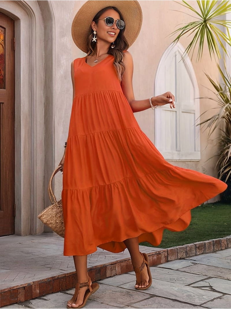 orange midi dress casual Pink/Orange Open Back Abstract Midi Dress S