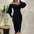 thumbnail image 2 of BangWanChi Black Dresses for Women Women Long Sleeve Off-The-Shoulder Knee-High Solid Color Dress, 2 of 6