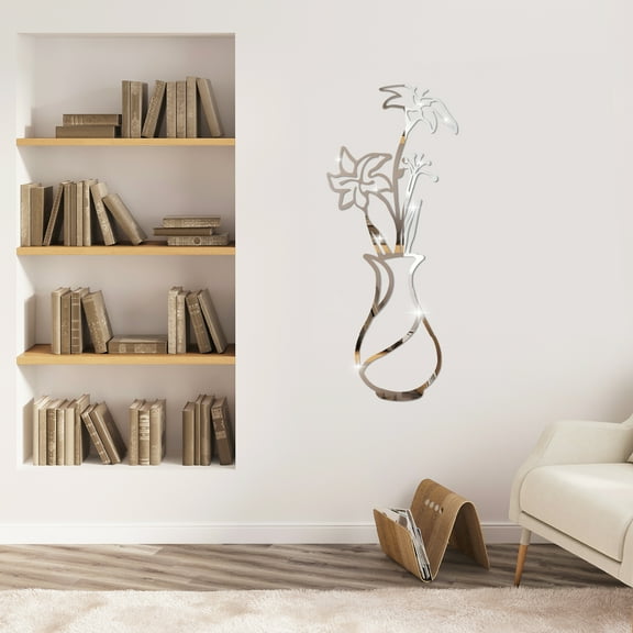 Flower 3D Acrylic Mirror Wall Stickers, Removable Floral Vase Wall Stickers Wall Stickers, DIY Self Adhesive Wall Art Decals for Living Room Bedroom Home Decoration (Silver)