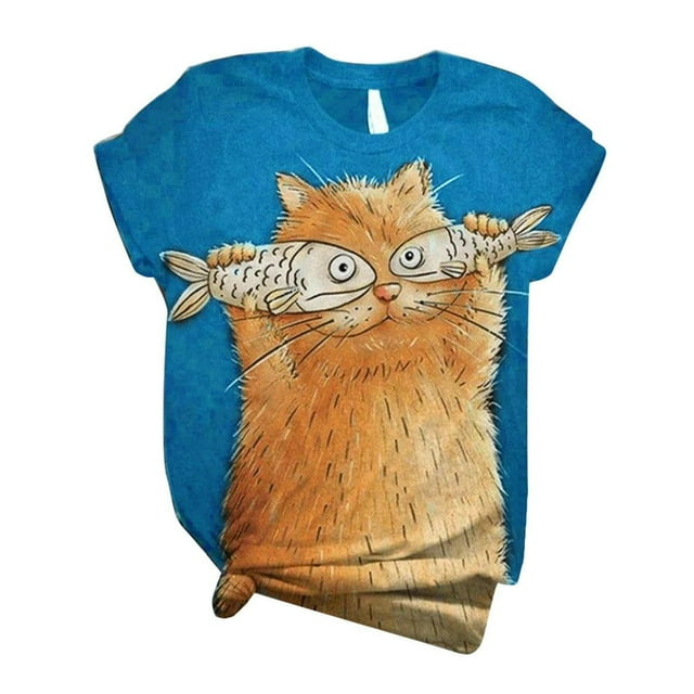 T-Shirt à Manches Courtes Imprimé 3D Animal à Col Rond pour Femme