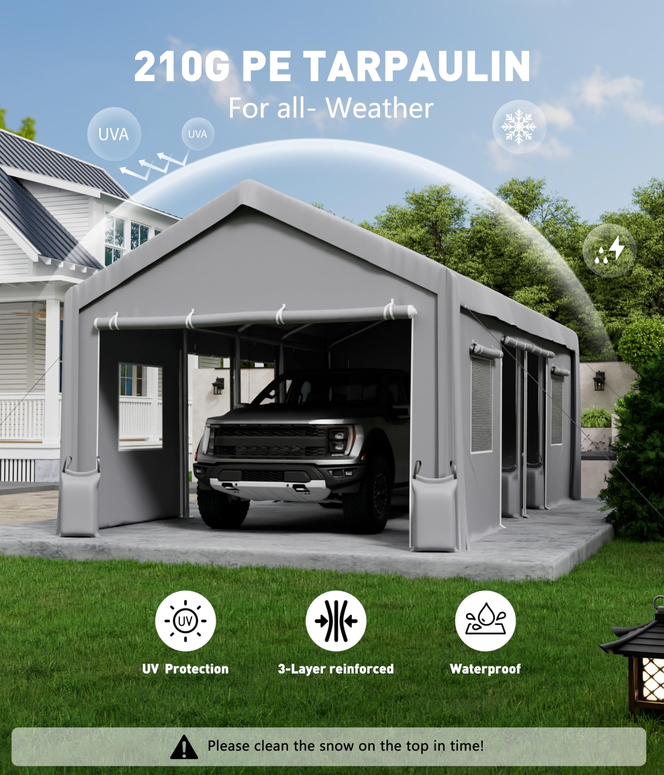 Waterproof Heavy Duty Carport Canopy, UV Resistant Multi-Use Outdoor Storage Garage Party Tent, Grey, 4x6M
