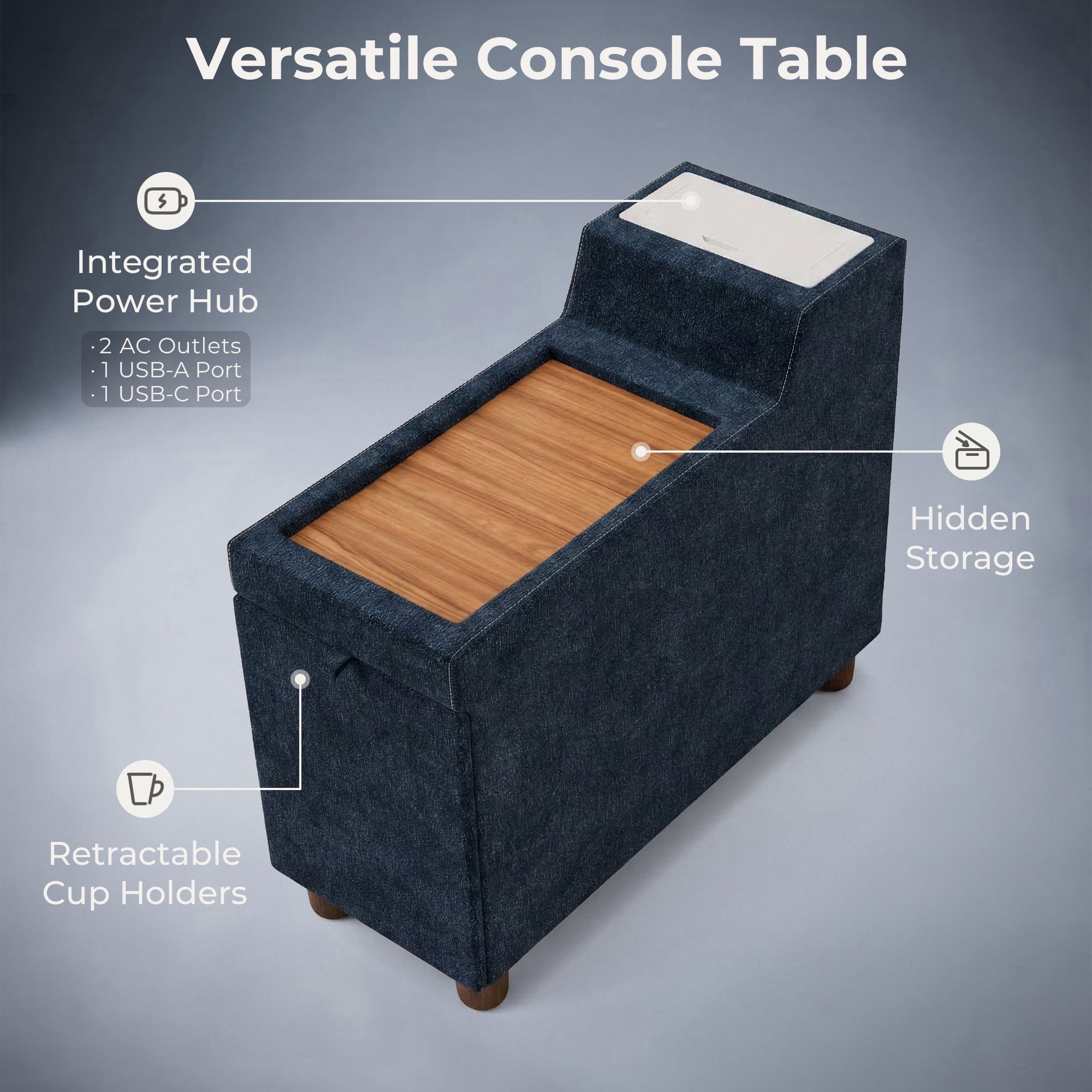 Modular Sectional Sofa with Removable Washable Covers, Oversized Deep Seat 3 Seater Sofa Bed with Versatile Console, Chenille in Navy Blue