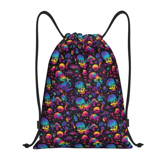 Xecao mushroom colorful Skull Pattern Sports Drawstring Backpack - String Swim Gym Bag with Wet Proof Pocket for Women&Men-Small