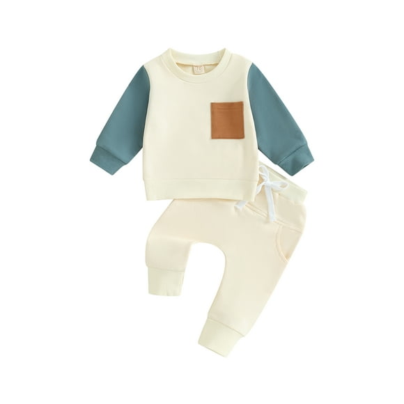 ZAXARRA Baby Boy Clothes Color Block Crewneck Sweatshirt and Elastic Pants Set for Toddler Fall Clothes 2 Piece Outfits