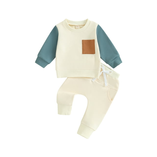 ZAXARRA Baby Boy Clothes Color Block Crewneck Sweatshirt and Elastic Pants Set for Toddler Fall Clothes 2 Piece Outfits