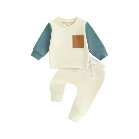 

Baby Boy 2 Piece Outfits Contrast Color Long Sleeve Sweatshirt and Elastic Pants Toddler Fall Clothes Sweatsuit