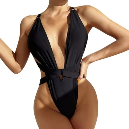 TTUHYWXI Sexy Tie Criss Cross Plunge One Piece Thong Swimsuit High Cut Brazilian Bathing Suit (Black  L)