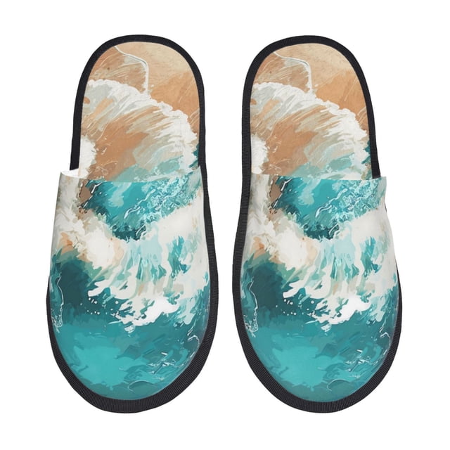 Fotbe Ocean Wave Crash Pantuflas Peludas para Mujer con Estampado, Zapatillas de Peluche, Zapatos de Invierno para Casa, Uso Interior y Exterior-Medium