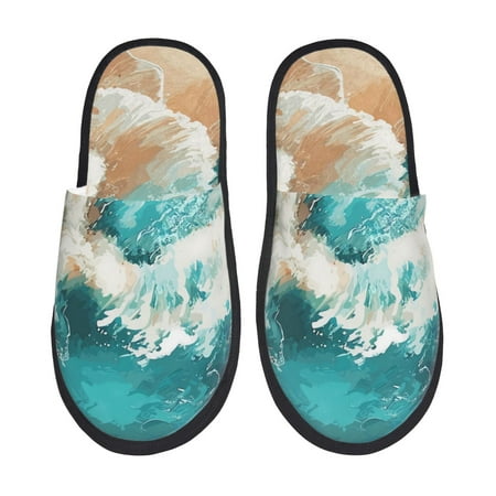 Balery Ocean Wave Crash Slient Indoor Furry Fleece Comfort House Shoes Soft Non-Slip Home Shoes Cotton slippers House Slippers-- Large