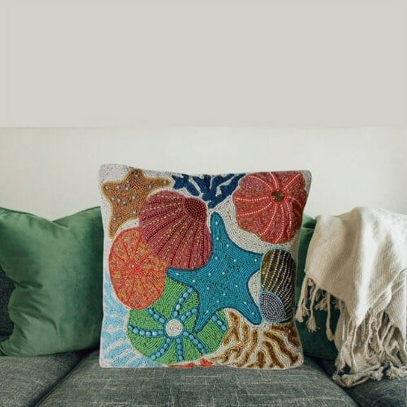 Set Of 2 Handmade Cushion Covers, Beaded Cushion Covers, Coral Cushion Case, Designer Cushion Case 16*16 Inches