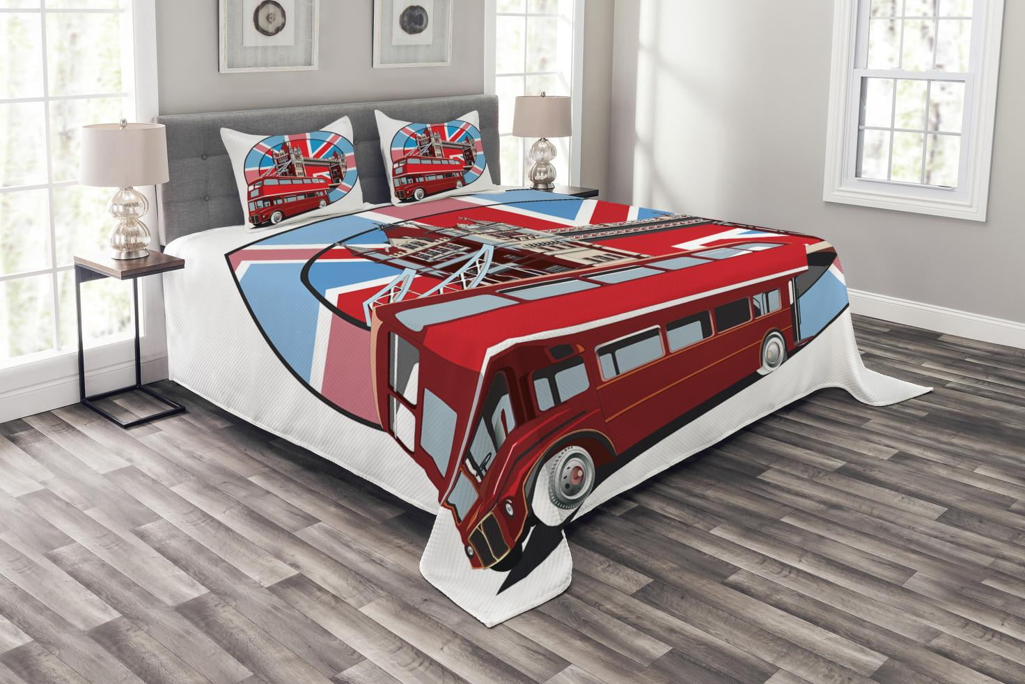 London Bedspread Set King Size, British Flag Metropol City Symbol of